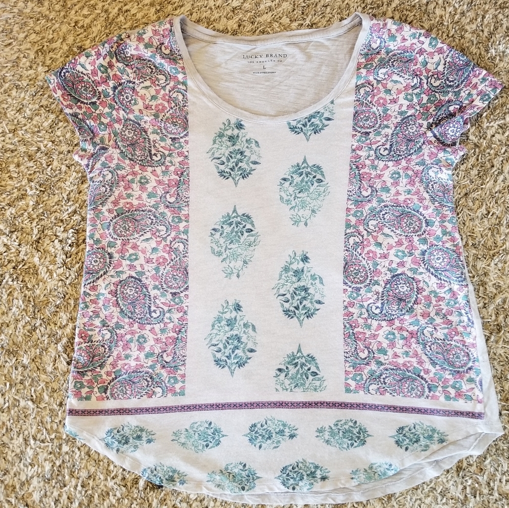Lucky Brand Floral Paisley Grey Pink Green T-shirt
